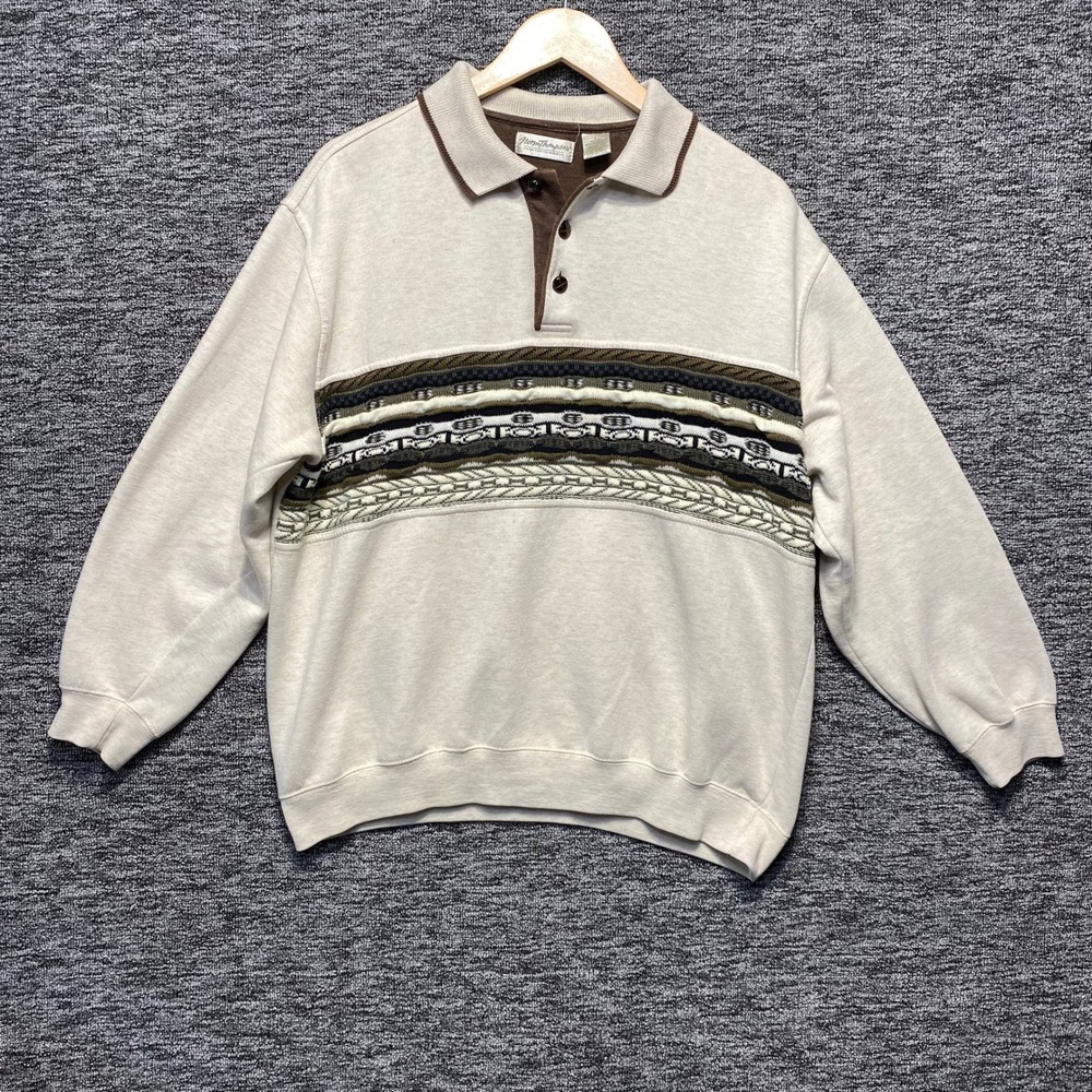 VTG Norm Thompson Sweater Sweatshirt Mens L Cream Knit Striped Collar 90s Polo